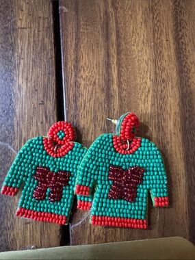 Beaded Green & Red Sweater Earrings